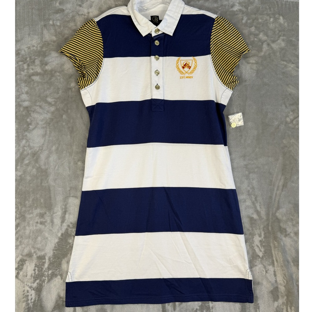Y2K CM EST MMIV Polo Dress Navy White Blue Yellow Striped Logo Size‎ L